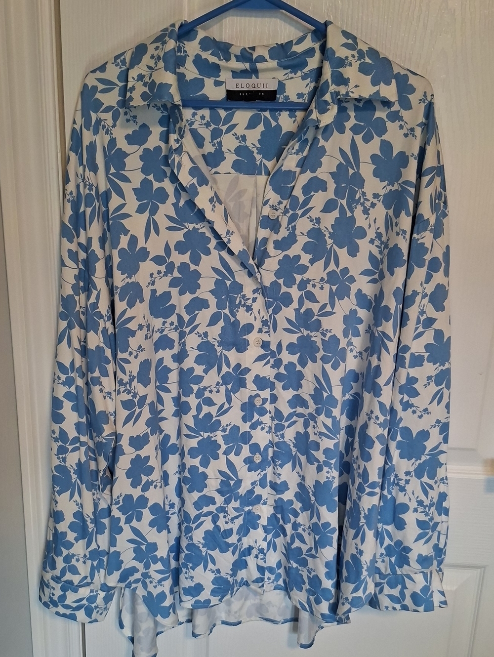 Eloquii White Blouse with Light Blue Floral Print